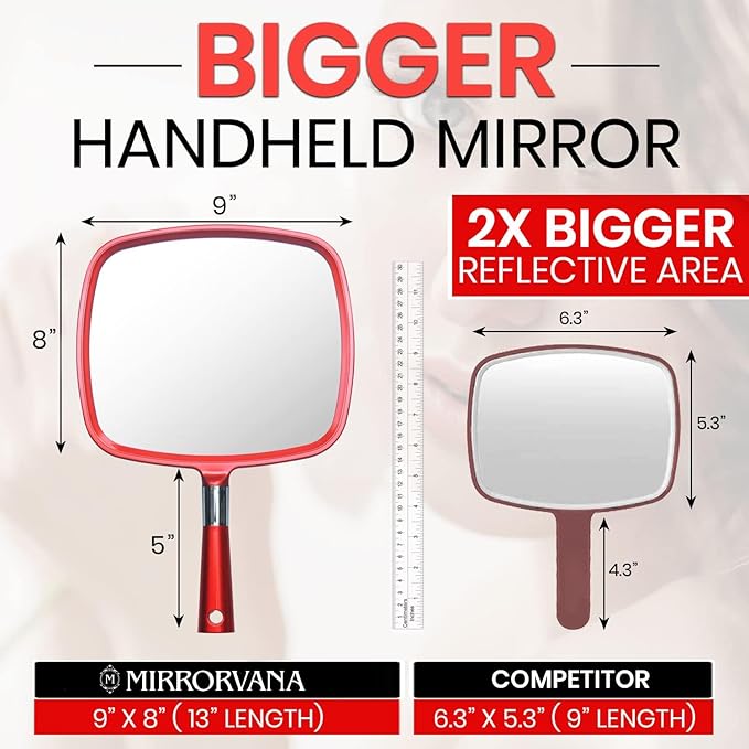 MIRRORVANA Professional Large & Comfy Hand Mirror with Ergonomic Handle for Women - Premium Sparkling Red Model (1-Pack)