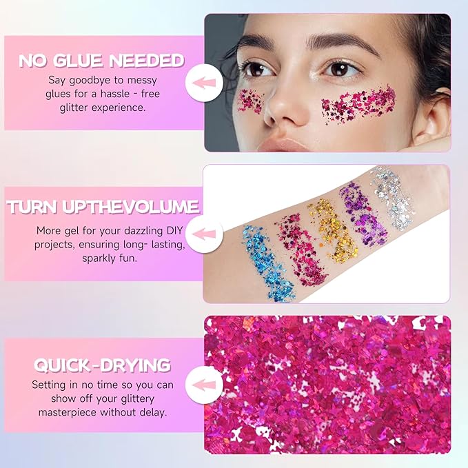 Pink Body Glitter Gel,Halloween Hot Pink Face Glitter,Singer Concert Outfits Face Hair Glitter Makeup, Music Festival Rave Accessories, Chunky Glitter Mermaid Sequins, Sparkling Face Paint for Women