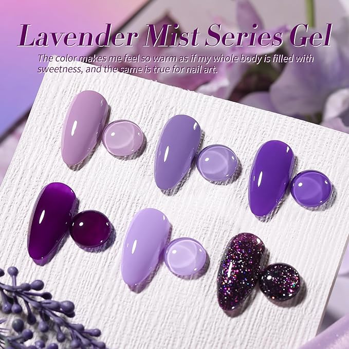 BORN PRETTY Purple Gel Nail Polish Set 6 Colors Lavender Purple Dark Purple Gliiter Nail Gel Kit Soak Off Nail Art Manicure Design Home Salon Holiday Gift