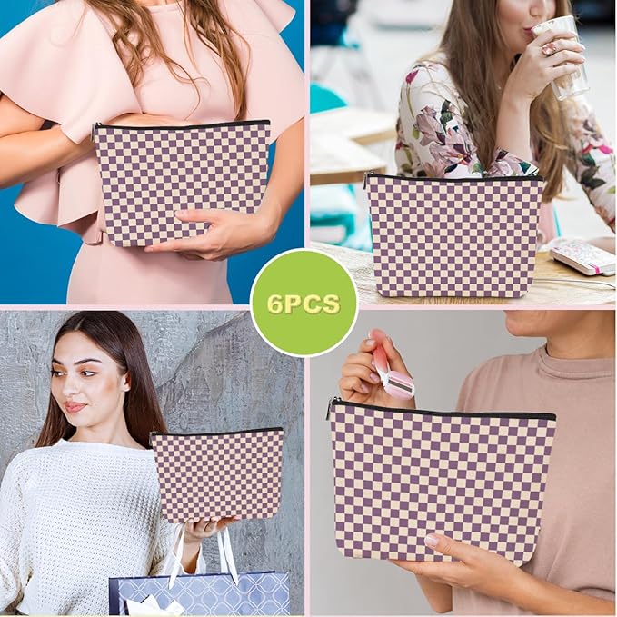 6 Pcs Checkered Makeup Bags Make up Bag Cosmetic Bags for Women Girls Sister Bestie Daughter Friendship Christmas Birthday Travel Toiletry Bag Aesthetic Zipper Organizer Accessories, Cute Purple Plaid