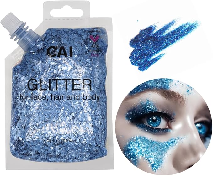 Face, Body & Hair Glitter Gel – Halloween Glitter for Kids and Women – 3 Oz Cosmetic-Grade Gel w/Moon & Stars for Festivals & Halloween Party, Easy Apply & Wash Off - Blue 1Pack