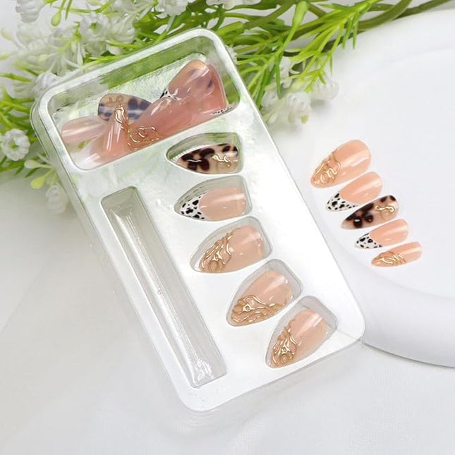 Short Press on Nails Almond Fake Nails with Chrome Leopard Flower Designs French Tip Nails Press ons Glossy Glue on Nail Brown White Gold Acrylic Nail Fall Stick on Nail for Women 24 Pcs