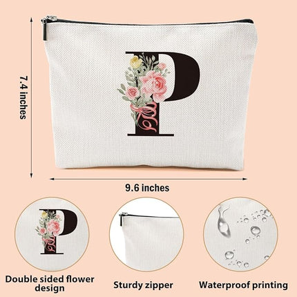 Personalized Makeup Bag, Initial Letter P Makeup Bag for Women Rose Monogram Cosmetic Bags Toiletry Pouch, Monogrammed Gifts for Women Mom Grandma Sister Friends Thanksgiving Christmas Birthday Gift