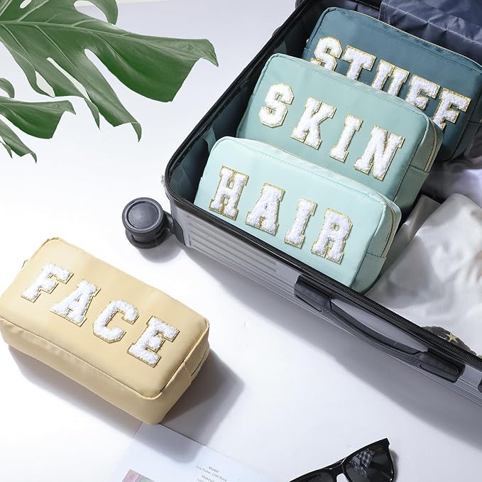 Cunno 4 Pcs Preppy Makeup Bags Chenille Letter Stuff Bag Nylon Cosmetic Pouch Cases with Zipper for Women Travel Toiletry