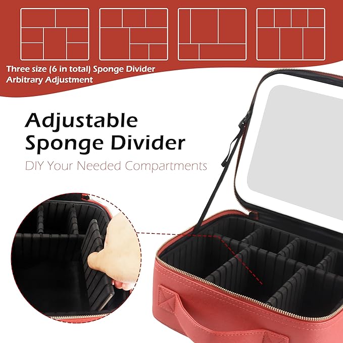 MOMIRA Travel Makeup Bag Cosmetic Bag Makeup Organizer Bag with Lighted Mirror, Adjustable Brightness in 3 Color Scenarios, Waterproof Makeup Train Case, Gift for Women - Red