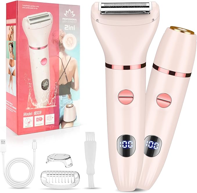 Karrte 2-in-1 Women Electric Shaver Dual Head Bikini Trimmer, Razors for Shaving Pubic Hair, Wet and Dry Cordless Painless Hair Removal for Private Area Pink
