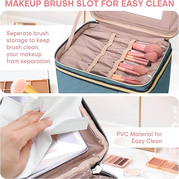 Large Makeup Bag with Mirror Double Layer Travel Make Up Organizer Case, Large Capacity Coemetic with Brush Slot Divider, Travel Toiletry Bag for Women (Lake Blue)