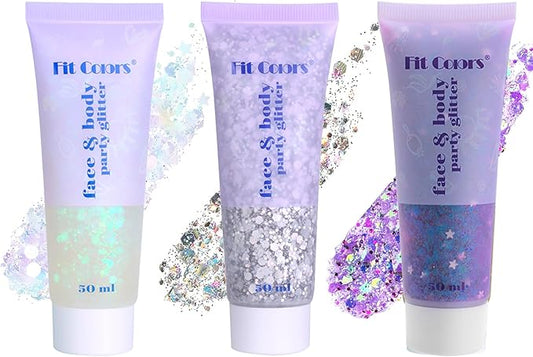 Face Body Glitter Set for Women and Kids, White Silver Purple Holographic Mermaid Sequins Chunky Glitter Makeup for Music Festival Rave Accessories, Christmas, Wedding, New Year, Prom