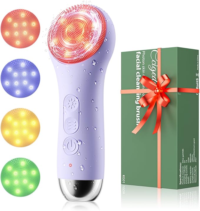 Facial Cleansing Brush Face Scrubber - Rechargeable Electric Face Cleansing Brush with 4 LED Gentle Light Liquid Silicone Modes Exfoliator,IPX7 Waterproof Ideal Gift for Men and Women-Purple