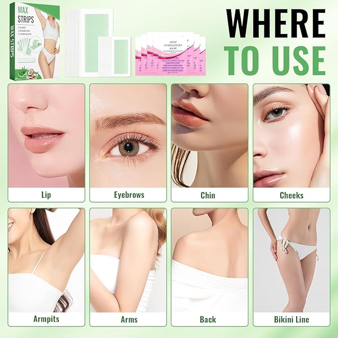 120 Strips Wax Strips Body Hair Removal 2 Sizes and 8 Oil Wipes Waxing Strip Dual Sides Bikini Brazilian Wax for Women Men Face Arms Legs BackUnderarm Waxing Kit Suit Many Skin Aloe Scent