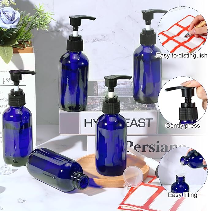 Tanlade 12 Pcs Glass Pump Bottle Dispenser 4 oz Travel Bottles with Pump Refillable Glass Containers for Toiletries Lotion Liquid Soap Shampoo Essential Oils Cosmetic Travel Accessories(Blue)