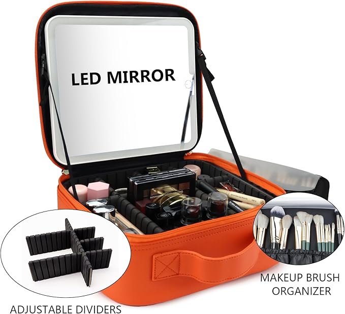 Travel Makeup Bag with LED Mirror Travel Makeup Organizer with 3 Lighted Settings, Adjustable Dividers and Makeup Brush Storage Bag Orange
