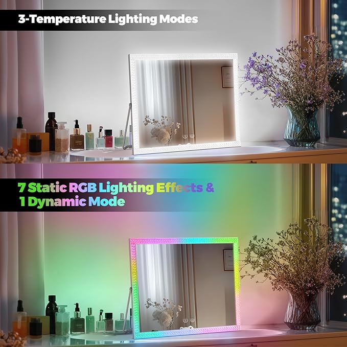 Vanity Mirror with Lights,RGB & 3 Dimmable Light Modes Makeup Mirror with Touch Control,Light Up Mirror for Desk,360°Rotation,14x17 Inch