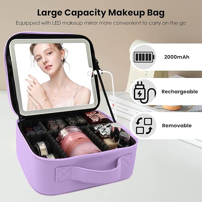 Travel Makeup Bag with LED Mirror and Light Travel Makeup Case Cosmetic Organizer Portable Cosmetic Brush Organizer Bag with Adjustable Dividers for Cosmetics Makeup Brushes Toiletry(Purple)