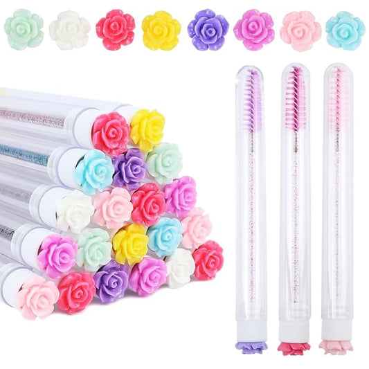 20Pcs Mascara Wands Tube Set SenRocc Reusable Lash Spoolies Rose Flower Tube Eyelash Brush Tubes Spoolies Lash Extension Brushes Applicators Makeup Tools (R-L-MIX)