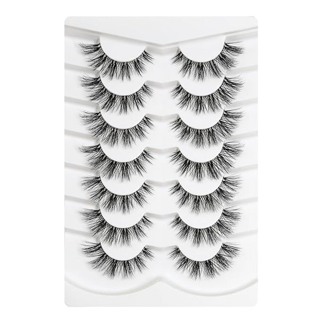 Happy Heartbeat 3D Clear Band Lashes 14mm Natural Soft Faux Mink Lashes C/D Curl Cat Eye Wispy Fake Eyelashes Short Cross Reusable False EyeLashes 7 Pairs (No.199)