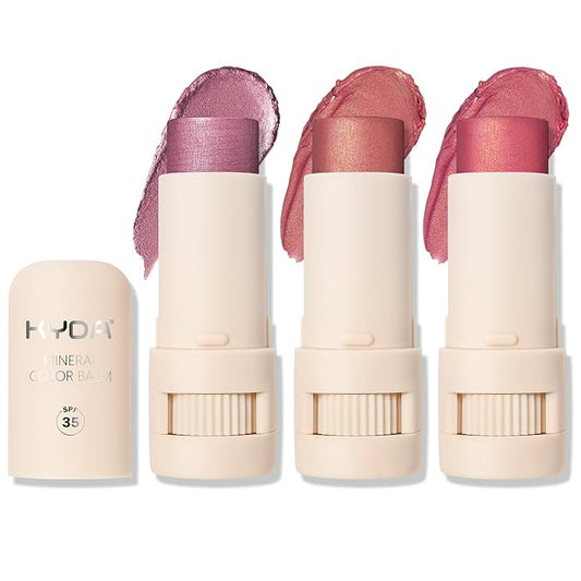 KYDA 3 Colors Mineral Color Balm, SPF 35, Buildable Shimmer Color for Lip and Cheek, Shimmer Cream Blush Stick, Lightweight Blendable, Multiuse Makeup Balm, BERRY+LOVELY+PRETTY