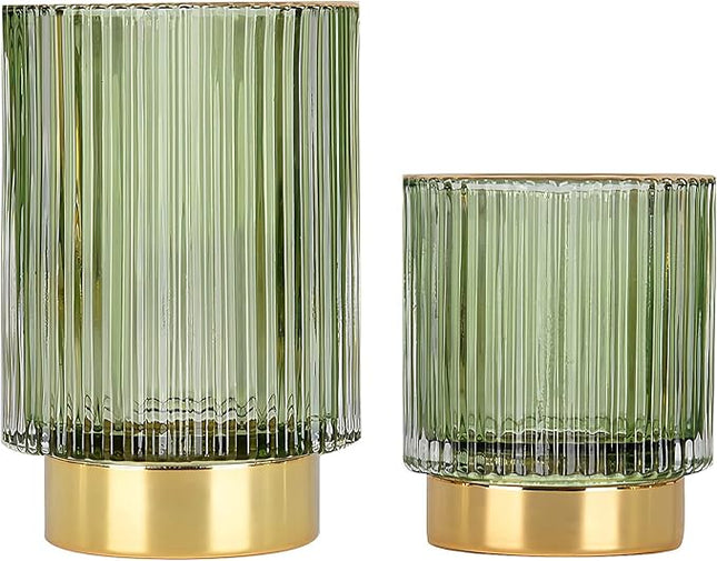 DASITON Makeup Brush holder Organizer, Crystal Cosmetic Makeup Brush Glass Brushes Storage Holder, Vintage Make Up Brush Cup Pen Pencil Holder striped vase(Green S+L)