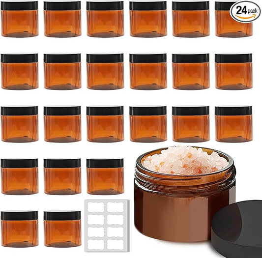 24 Pack 2 oz Small Amber Plastic Jars with Lids and Labels, Refillable Round Brown Mini Cosmetic Containers, Reusable Airtight Jars for Lotion Cream Body Butter Ointment Travel Storage