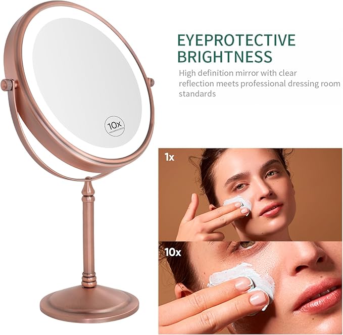 Nicesail Desk Mirror with Light 1X/10X Magnifying with 3 Color Dimmable Lights Desk Mirror, Cordless 360 Rotation 4000mAh Rechargeable, Double Sided Mirror for Desk, 8 Inch Standing Brushed Rose Gold