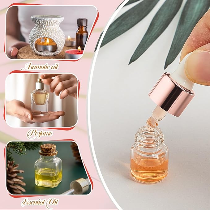 100 Pcs Mini Glass Oil Dropper Bottle Bulk, Clear Essential Small Empty Bottles Sample Containers Perfume Liquid Vials with Cap for Traveling (1 ml,Rose Gold)