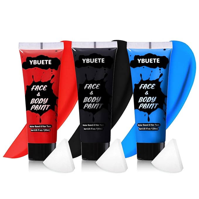 3Pcs Face Body Paint, Professional Paint for Halloween Cosplay Costume Party, Full-coverage Multi-Color Cream Makeup Body Paint for Adult Halloween Cosplay SFX Makeup Paint (Black+Blue+Red)