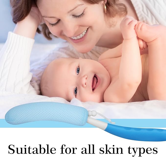 Long-Handle Back Bath Brush, with Anti-Slip Long-Handle Back Scrub net, is Used for Auxiliary Bath and Shower for The Elderly and People with Limited Activities (Blue-White)