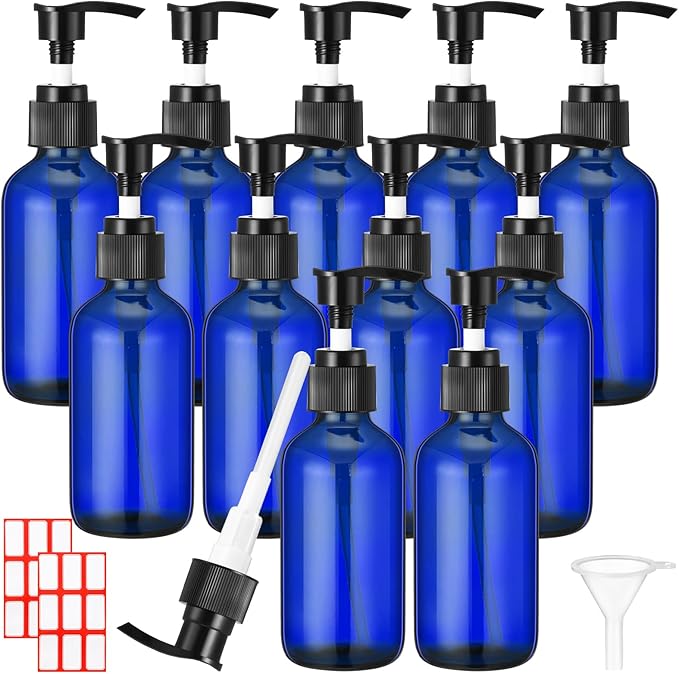 Tanlade 12 Pcs Glass Pump Bottle Dispenser 4 oz Travel Bottles with Pump Refillable Glass Containers for Toiletries Lotion Liquid Soap Shampoo Essential Oils Cosmetic Travel Accessories(Blue)