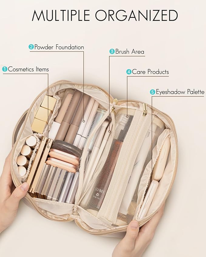 Vlando Makeup Bag,Gifts for Teachers,Large Capacity Toiletry Bag for Women Waterproof Portable Make up Pouch PU Leather Open Flat Cosmetic Bag(Toffee)