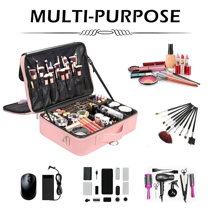 gzcz Travel Makeup Case 16.2 Inches Large Capacity Cosmetic Bag Organizer Portable Waterproof Artist Storage Bag with Adjustable Dividers and Shoulder Strap for Make up Brushes Jewelry (Pink)