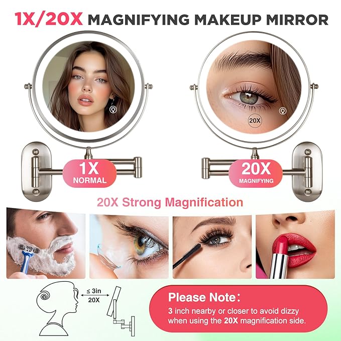 20X Magnifying Mirror with Light: 8.5 inch Lighted Makeup Mirror with 3 Colors, 360° Rotation Touch Screen Rechargeable Light up Mirror, Double Sided LED Vanity Mirror, Brushed Nickel