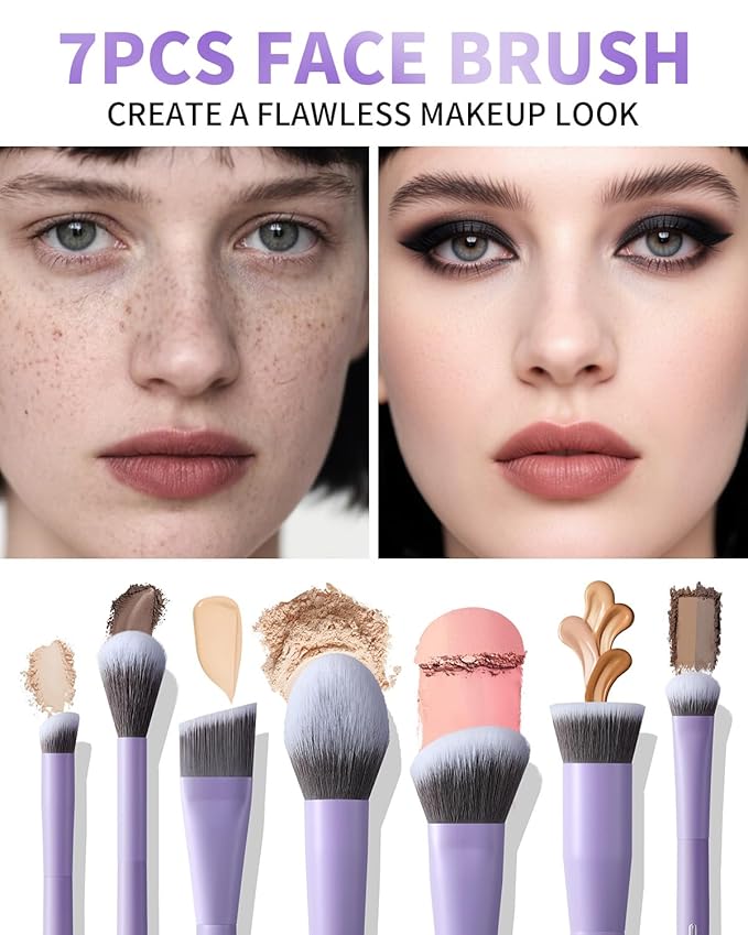 EIGSHOW Makeup Brushes Set, 15Pcs Professional Make Up Brush with Silver Ion Bristles for Foundation Powder Blush Highlighter Concealer Eyeshadow Eyeliner, Travel Gift Set (Matte Purple)