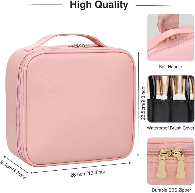 Travel Makeup Case, PU Leather Portable Organizer Makeup Train Case Makeup Bag Cosmetic Case with Adjustable Dividers for Cosmetics Makeup Brushes Women (Pink)