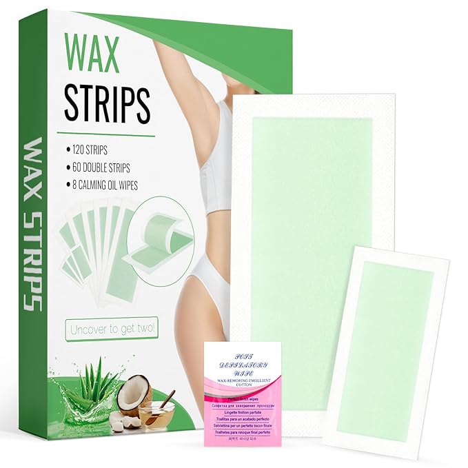 120 Strips Wax Strips Body Hair Removal 2 Sizes and 8 Oil Wipes Waxing Strip Dual Sides Bikini Brazilian Wax for Women Men Face Arms Legs BackUnderarm Waxing Kit Suit Many Skin Aloe Scent