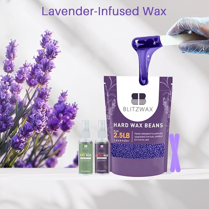 BLITZWAX 2.5lbs Hard Wax Beads for Hair Removal Lavender Waxing Beans for Sensitive Skin, Face, Eyebrows, Brazilian, Legs and Bikini - with 2 Silicone Sticks and 2 Wax Oils for Home and Salon Use