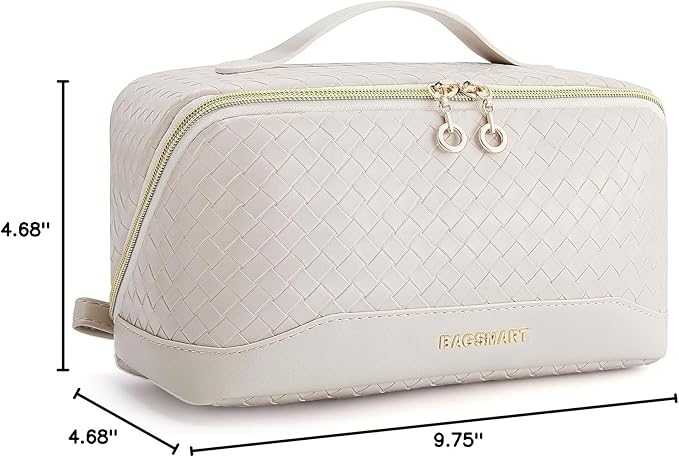 BAGSMART Makeup Bag, Travel Cosmetic Bag Organizer, PU Leather Water-Resistant Pouch, Open Flat Makeup Storage for Toiletries, Brushes, PU Leather Beige