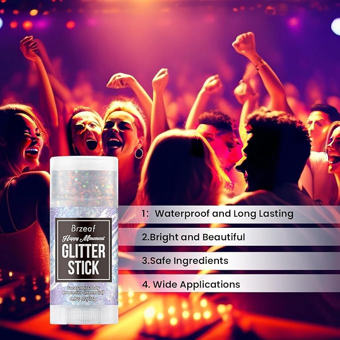 Brzeaf Waterproof Mermaid Glitter Stick, Shimmery& Long Lasting, Hallowen Hair Eyeshadow Face Body Glitter, Singer Concert Music Rave Festival, Glitter Stick Makeup & Face Glitter Gel for Women Men