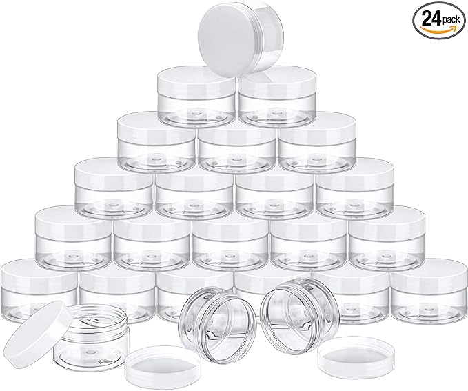 SATINIOR 24 Pieces Empty Clear Plastic Jars with Lids Round Storage Containers Wide-Mouth for Beauty Product Cosmetic Cream Lotion Liquid Butter Craft and Food (White Lid, 4 oz)