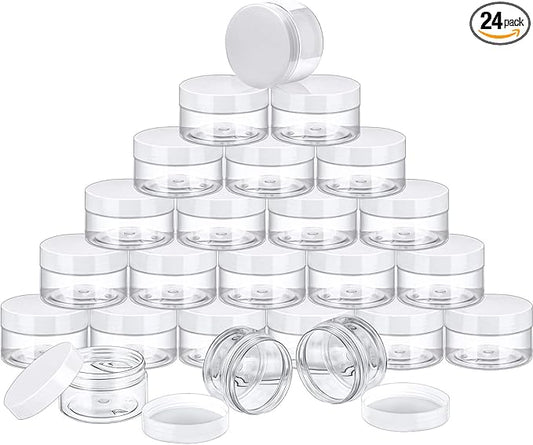 SATINIOR 24 Pieces Empty Clear Plastic Jars with Lids Round Storage Containers Wide-Mouth for Beauty Product Cosmetic Cream Lotion Liquid Butter Craft and Food (White Lid, 4 oz)
