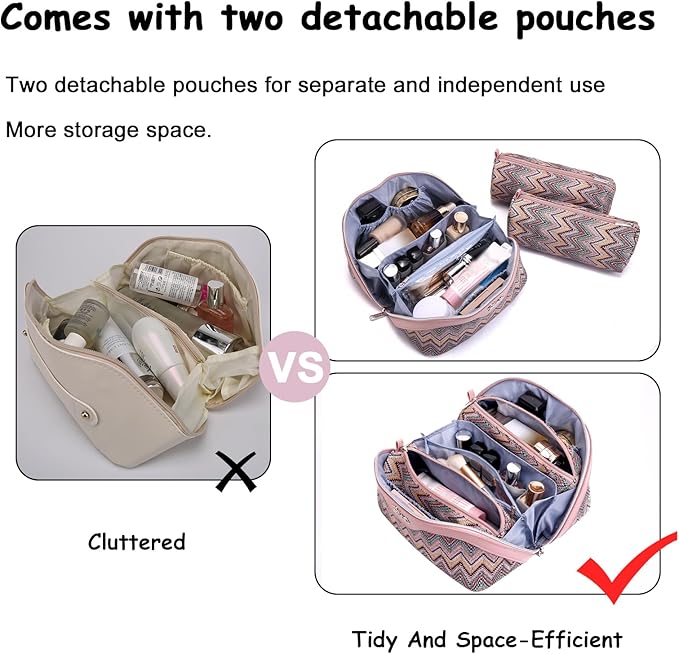 Travel Makeup Bag for Women: Western Boho Make up Bag Set of 3 - Large Capacity Vegan Leather Cosmetic Bag - Waterproof Toiletry Bag with Compartments & Handle & Divider(B-01Pink)