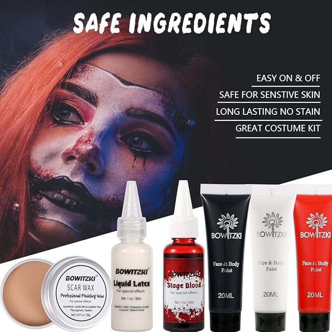 Bowitzki Halloween Makeup Set Special Effects Kit Cream Face Paint Water Based Liquid Latex Fake Blood Brush Sponges Body Painting SFX Zombie Vampire Monster Christmas Party