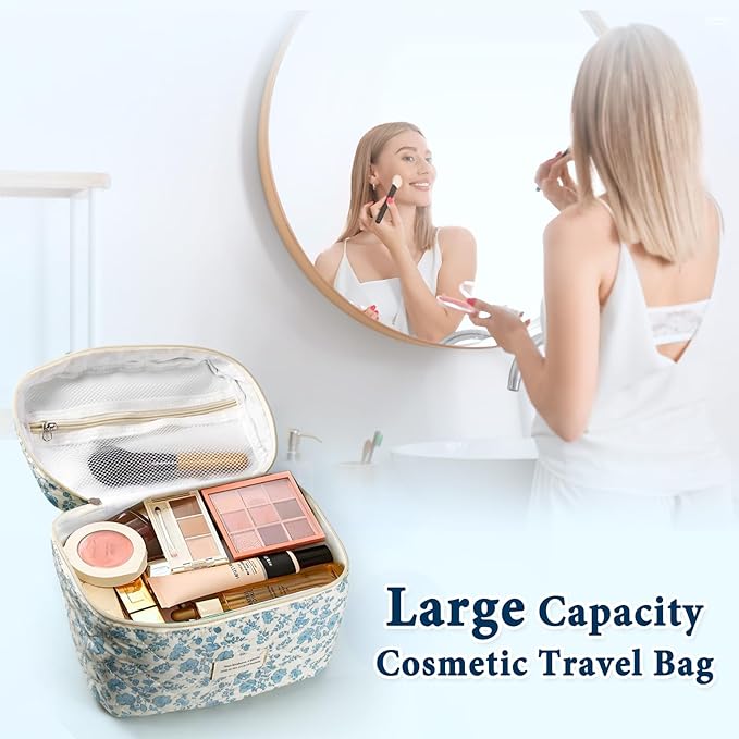 VIWIME Makeup Cosmetic Bag, Large Cotton Quilted Travel Coquette Aesthetic Cute Floral Make up Bag for Women Toiletry Bag Organizer (205- Sky Blue/ 4Pcs)