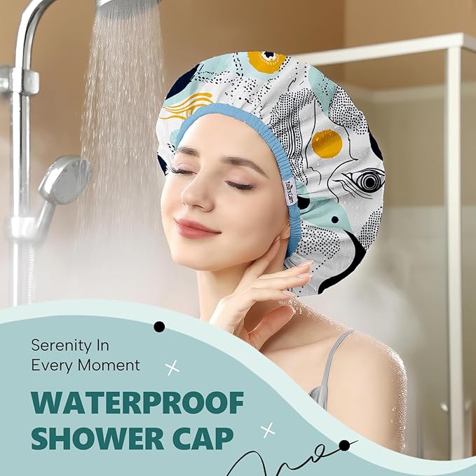 Years Calm Evil Eye Shower Caps for Women Reusable Waterproof, Pattern and Solid Color Dual-Layer Design, Hair Cap for Shower with Elastic Band, Fits Braids, Dreadlocks & Long Hair (Blue)