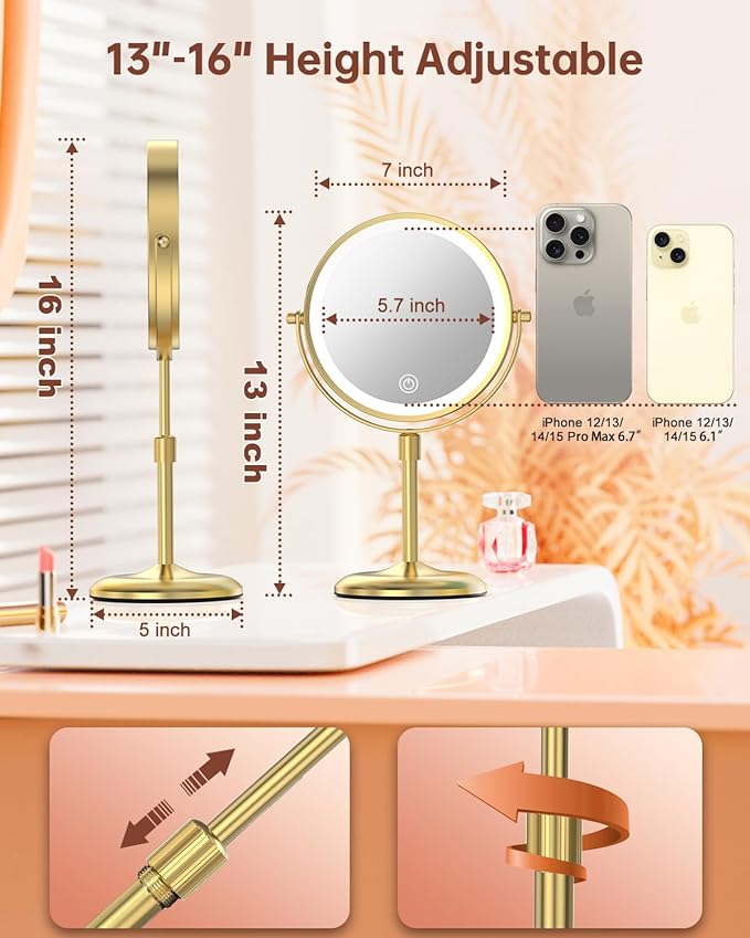 Benbilry Lighted Makeup Mirror with 3 Color Lights & 10X Magnification, Adjustable Brightness & Height, 7 Inch 360° Swivel Rechargeable 10X LED Magnifying Vanity Mirror with Light, Gold