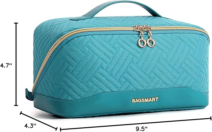BAGSMART Makeup Bag Cosmetic Bag, Travel Makeup Bag,Water-resistent Makeup Bags for Women Portable Pouch Open Flat Make Up Organizer Bag for Toiletries, Brushes, Teal