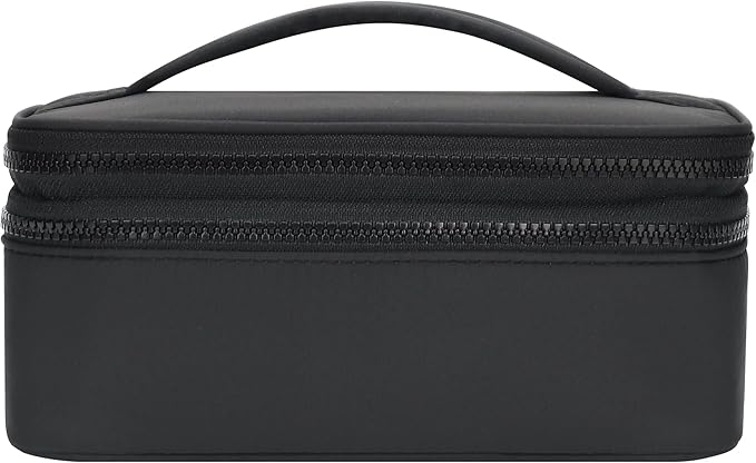 Relavel Makeup Bag Small for Women, Portable Cute Travel Cosmetic Bag, 2-Layers Design with Makeup Brush Compartment for Girls, Preppy Make Up Organizer for Travel Essentials Toiletries, Black