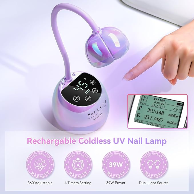 Makartt UV LED Nail Lamp - Gooseneck UV Light for Gel Nails USB 39W Cordless Flash Cure Lamp with 4 Times & Auto Sensor Nail Dryer Fast Curing Nail Art Design for Salon Home DIY (Glazed Purple)