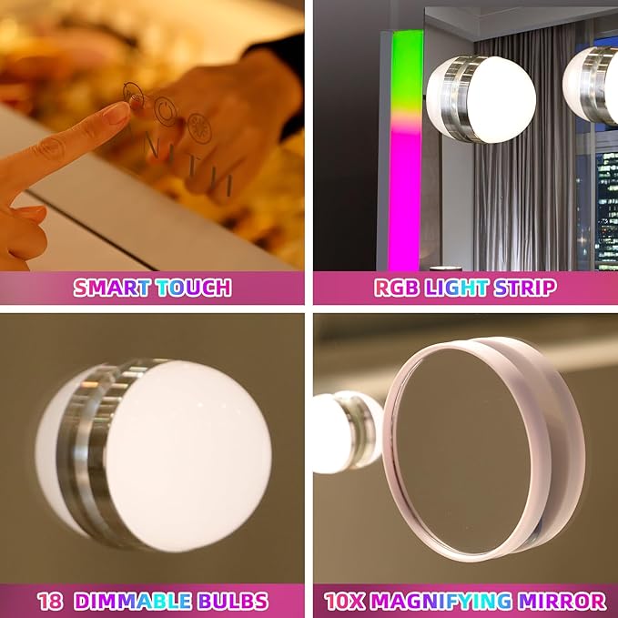 VANITII Vanity Mirror with RGB Lights 32"x23" Hollywood Makeup Mirror with 18 Dimmable Bulbs Lighted Vanity Mirror with Smart Touch for Bedroom Dressing Room