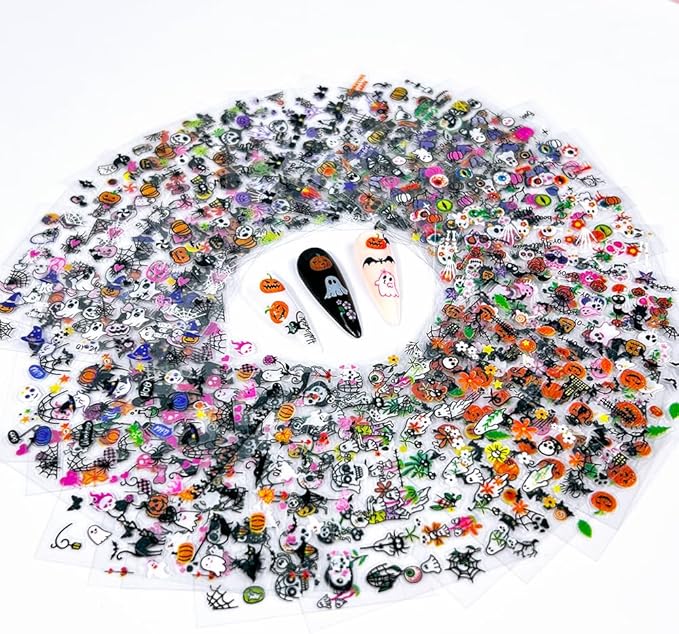 30 Sheet Halloween Nail Art Stickers Decals Cute Ghost Pumpkin Design Spider Web Scary Eyes Acrylic Nails Supplies for Women Manicure Decorations