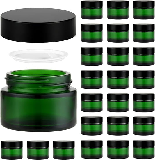 2 oz Reusable Green Glass Container Jars 24 Pack with Wide-mouth Leak Proof Cap and Inner Pull-On Lid for Travel Storage Makeup, Face Creams, Body Lotions, DIY Crafts or Others